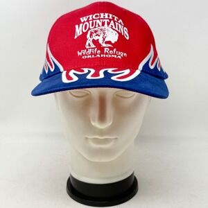 Wichita Mountains Wildlife Refuge Flames Embroidered Red Blue Baseball Hat OS